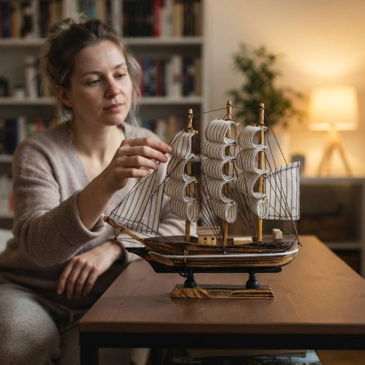 Sailing Ship Figurine Handcrafted Wood Battery-Powered LED