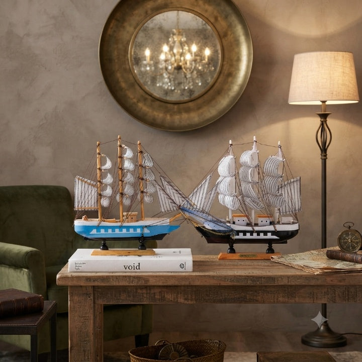 Sailing Ship Figurine Handcrafted Wood Battery-Powered LED