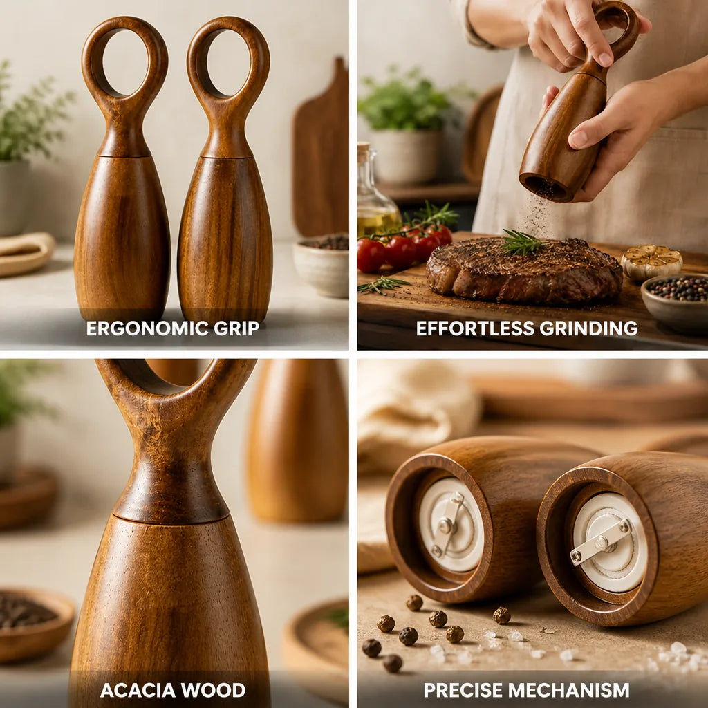 Salt & Pepper Grinder Set Acacia Wood Ergonomic Handles