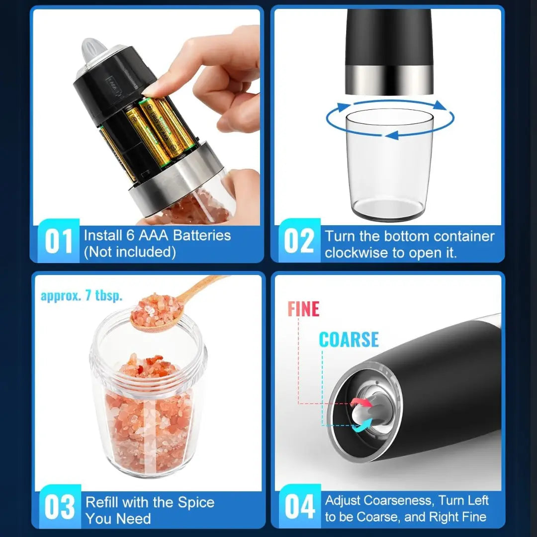 Salt & Pepper Grinder Set One-Handed USB Rechargeable LED