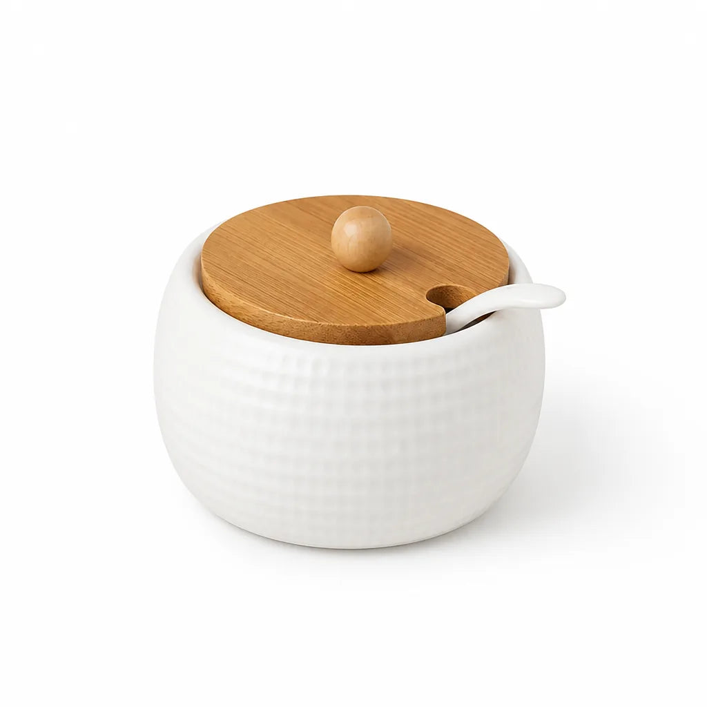 Seasoning Jar Ceramic Bamboo Lid & Fitted Spoon