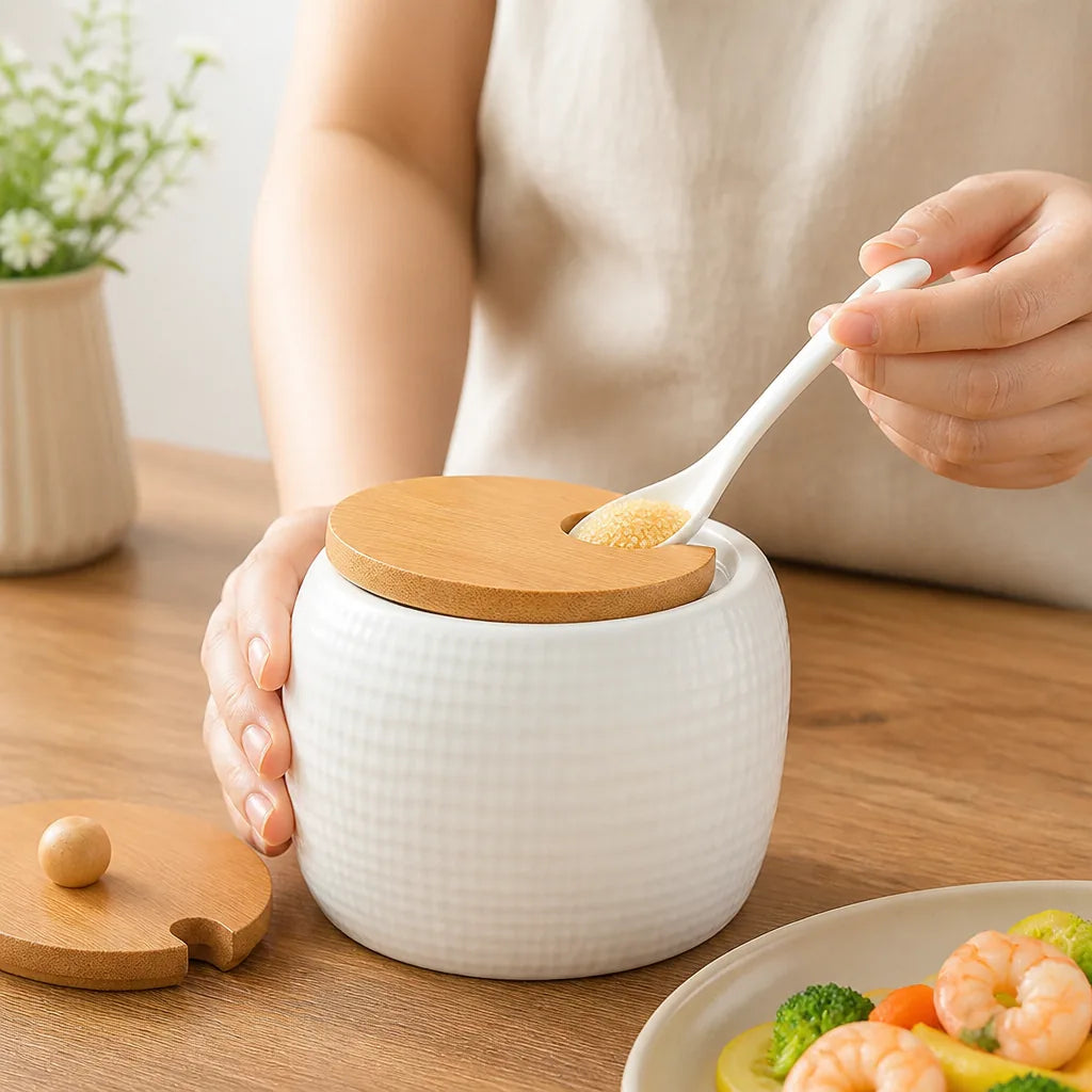 Seasoning Jar Ceramic Bamboo Lid & Fitted Spoon