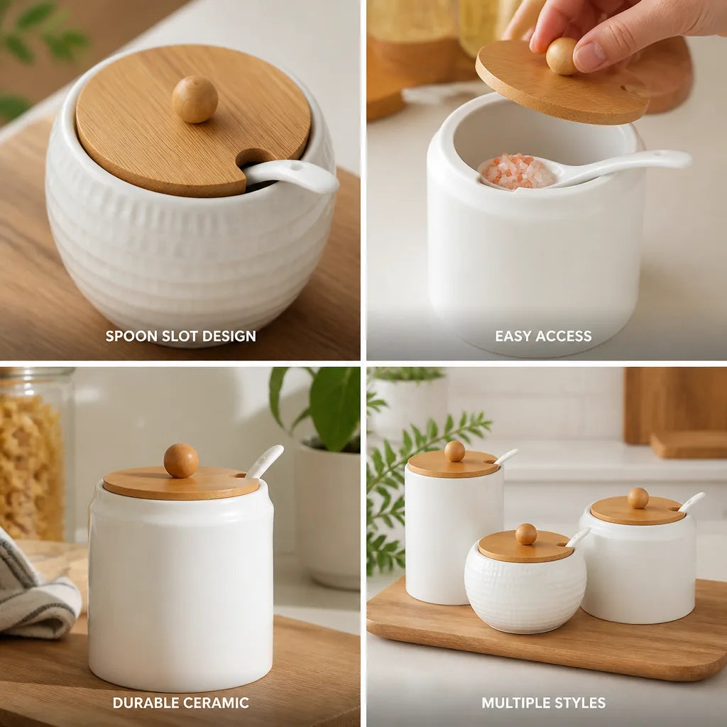 Seasoning Jar Ceramic Bamboo Lid & Fitted Spoon