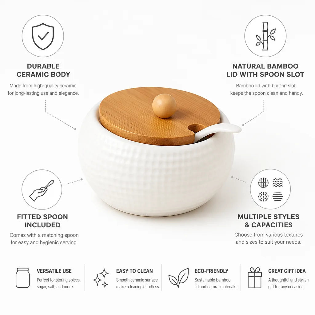 Seasoning Jar Ceramic Bamboo Lid & Fitted Spoon