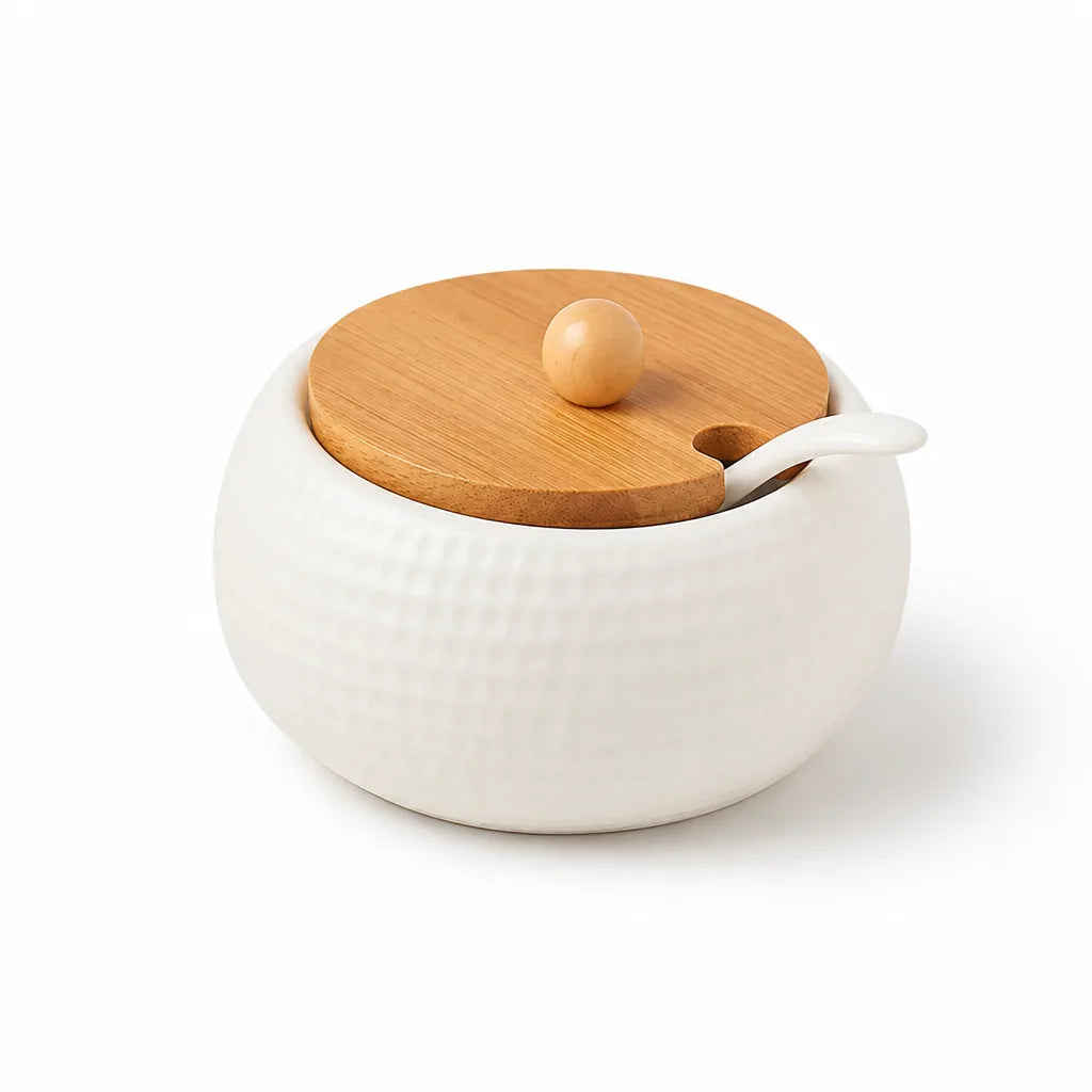 Seasoning Jar Ceramic Bamboo Lid & Fitted Spoon