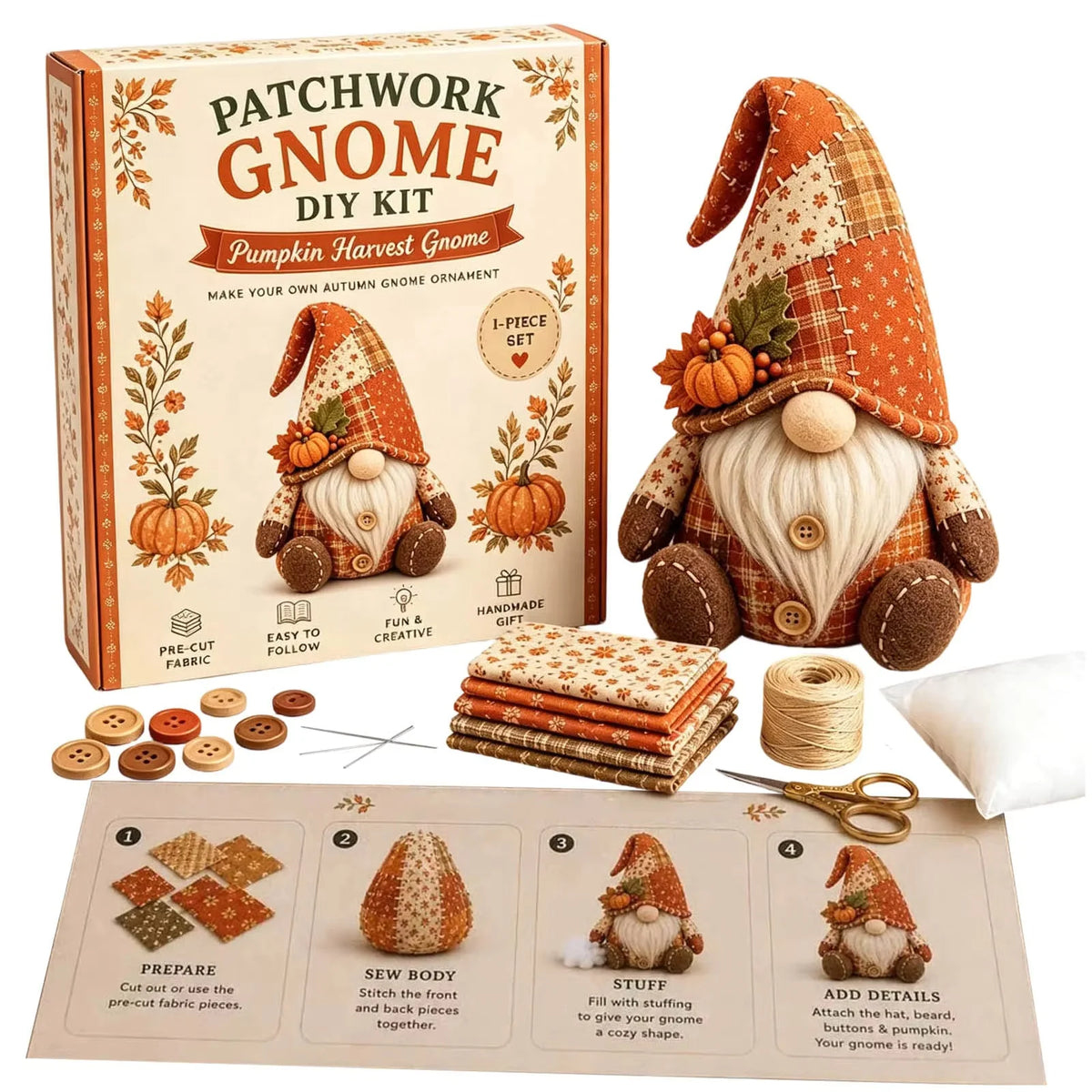 Sewing Kit Patchwork Gnome Plush Polyester Beginner Friendly