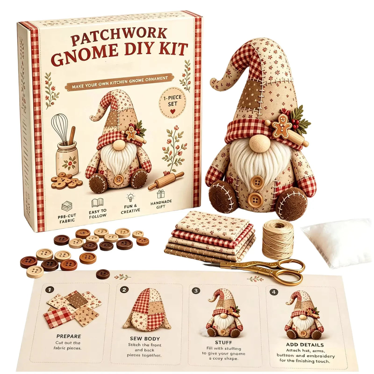 Sewing Kit Patchwork Gnome Plush Polyester Beginner Friendly