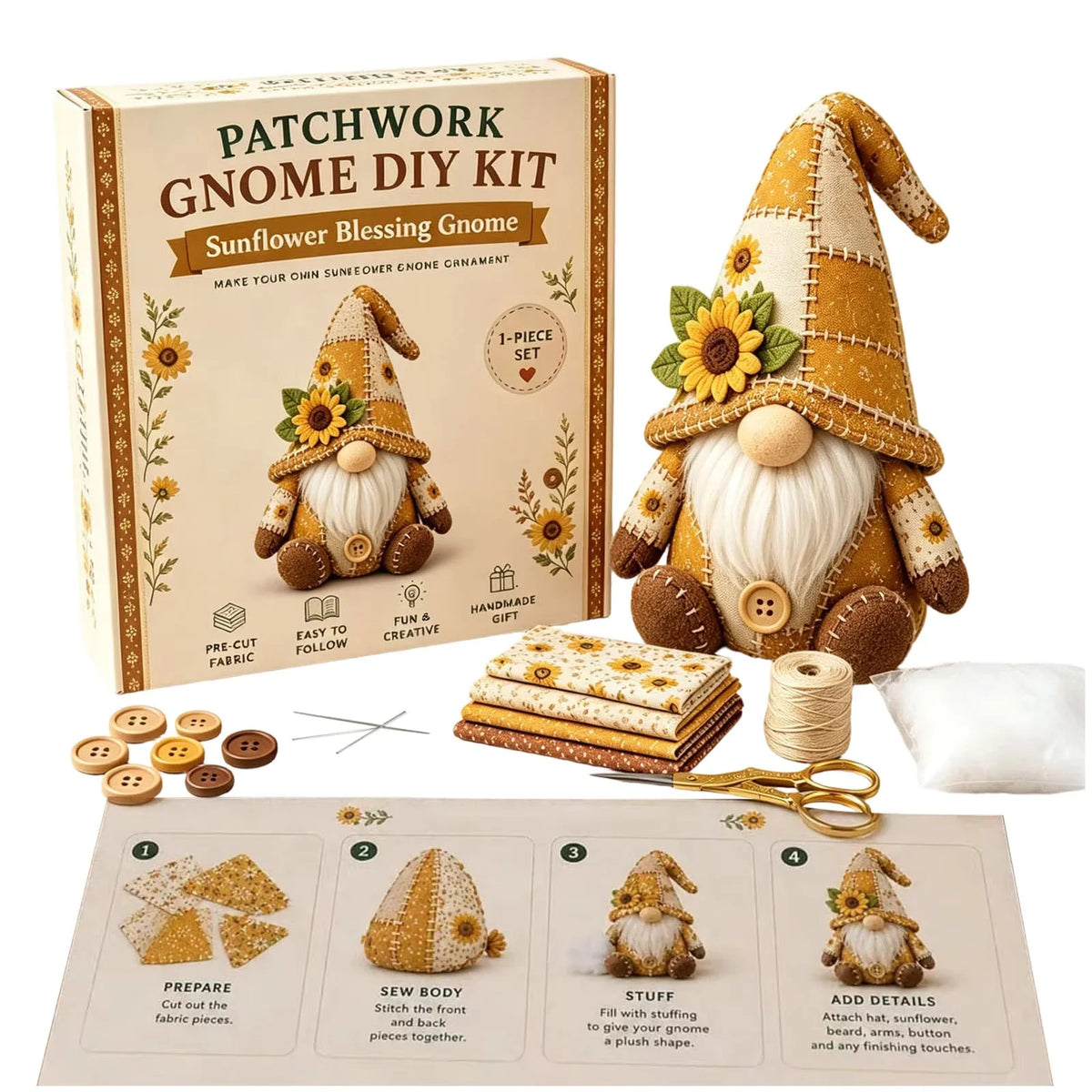 Sewing Kit Patchwork Gnome Plush Polyester Beginner Friendly