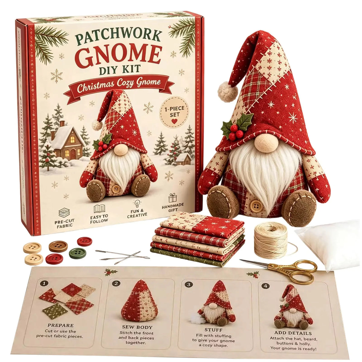 Sewing Kit Patchwork Gnome Plush Polyester Beginner Friendly