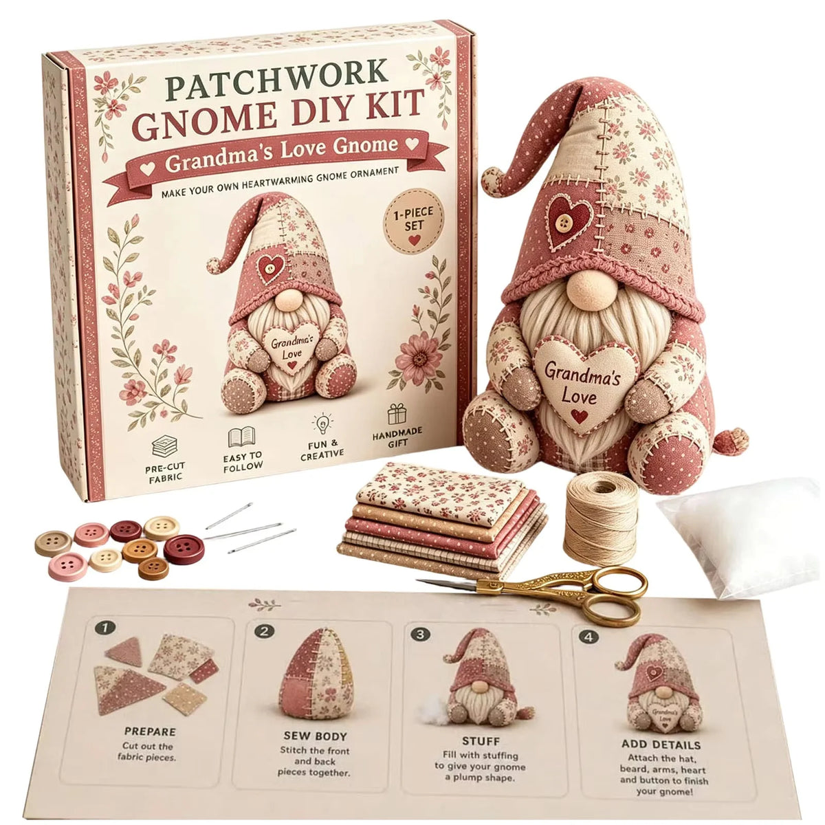 Sewing Kit Patchwork Gnome Plush Polyester Beginner Friendly