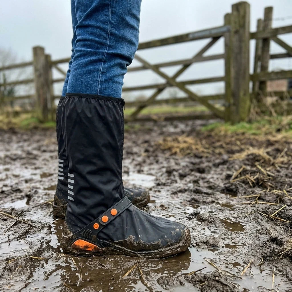 Shoe Covers Waterproof Zipper Closure Treaded Sole Reflective Detail