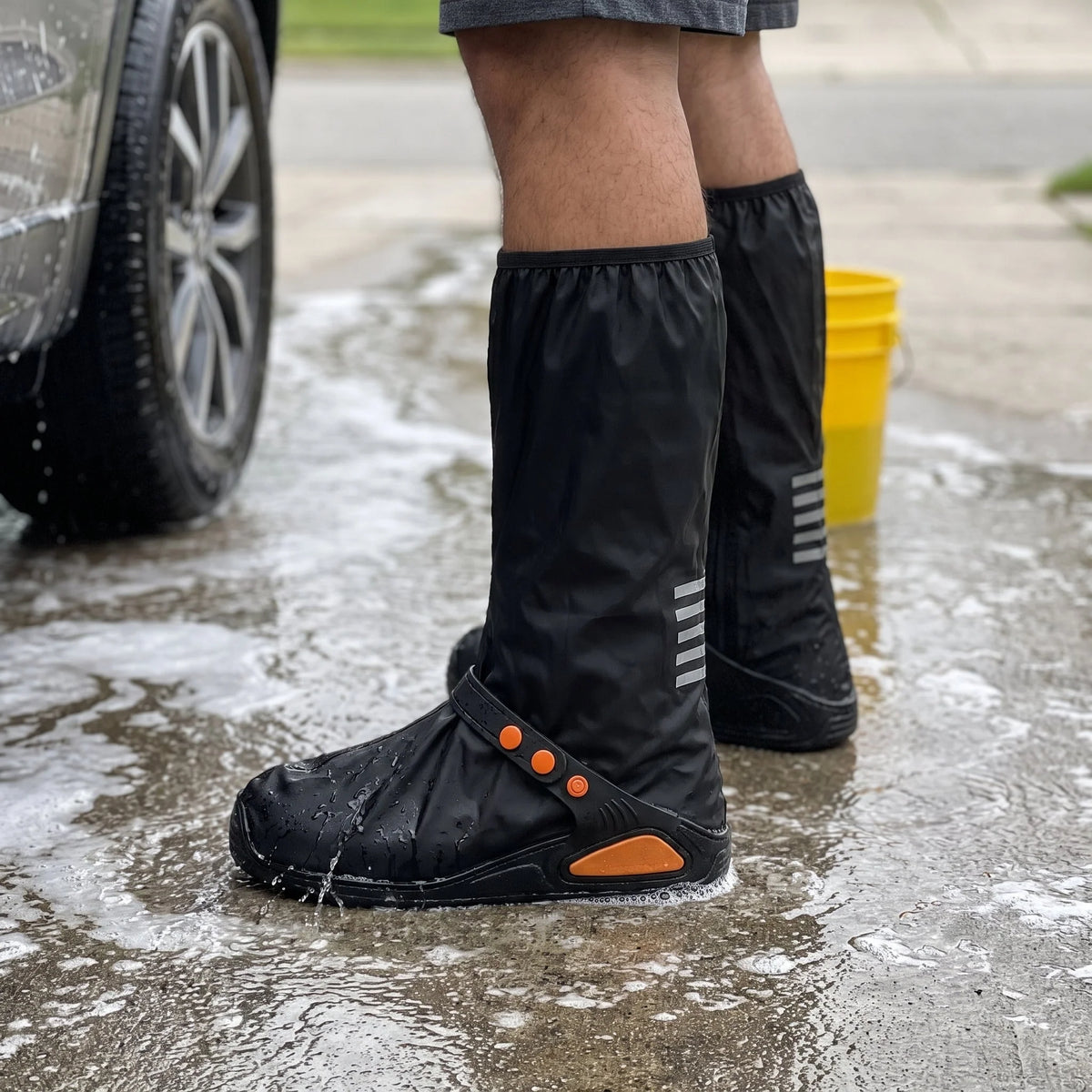 Shoe Covers Waterproof Zipper Closure Treaded Sole Reflective Detail