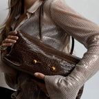 Shoulder Bag Crocodile-Texture Vegan Leather Spacious Interior