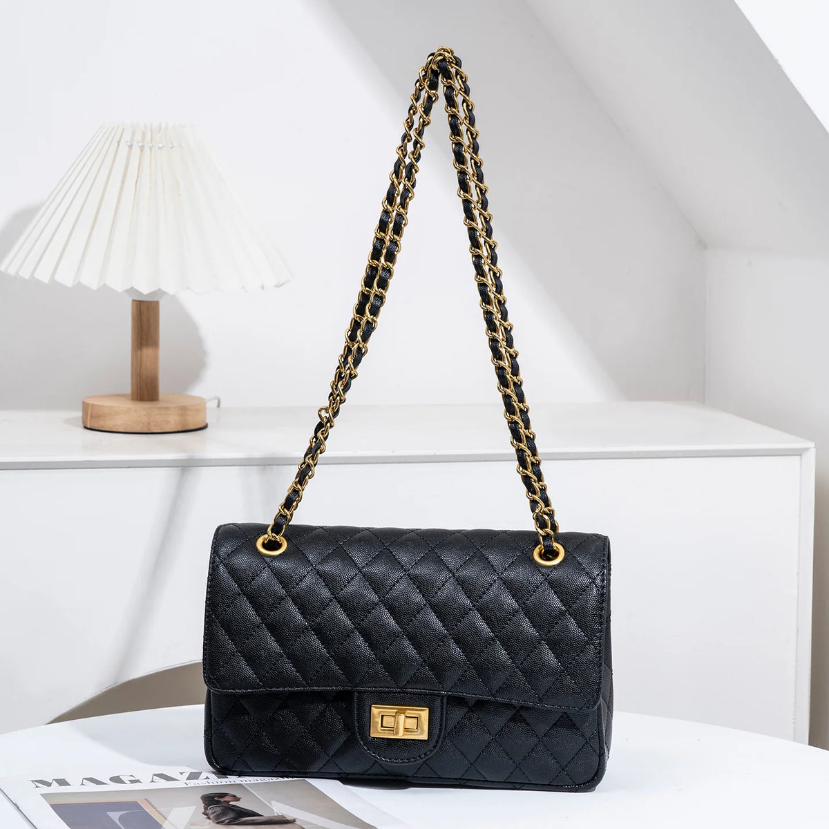 Shoulder Bag Quilted Gold-Tone Adjustable Chain Strap