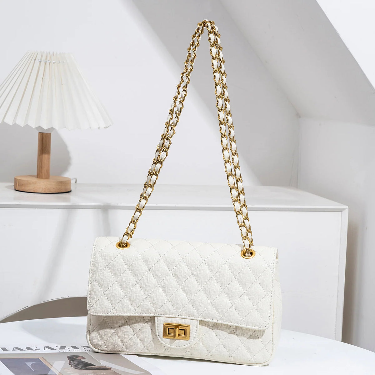 Shoulder Bag Quilted Gold-Tone Adjustable Chain Strap