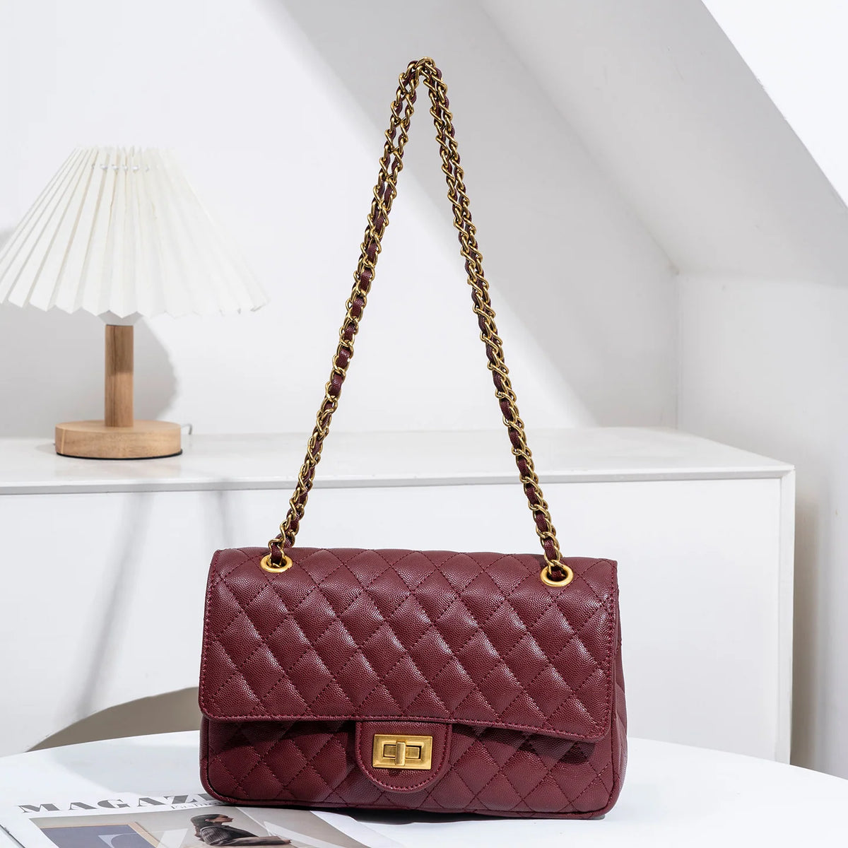 Shoulder Bag Quilted Gold-Tone Adjustable Chain Strap
