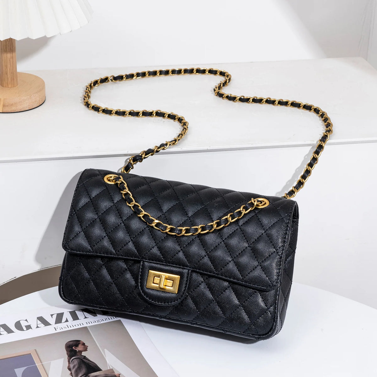 Shoulder Bag Quilted Gold-Tone Adjustable Chain Strap
