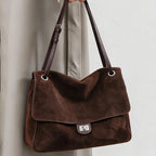 Shoulder Tote Bag Suede Adjustable Strap Turn-Lock Closure