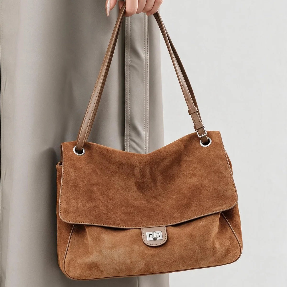 Shoulder Tote Bag Suede Adjustable Strap Turn-Lock Closure