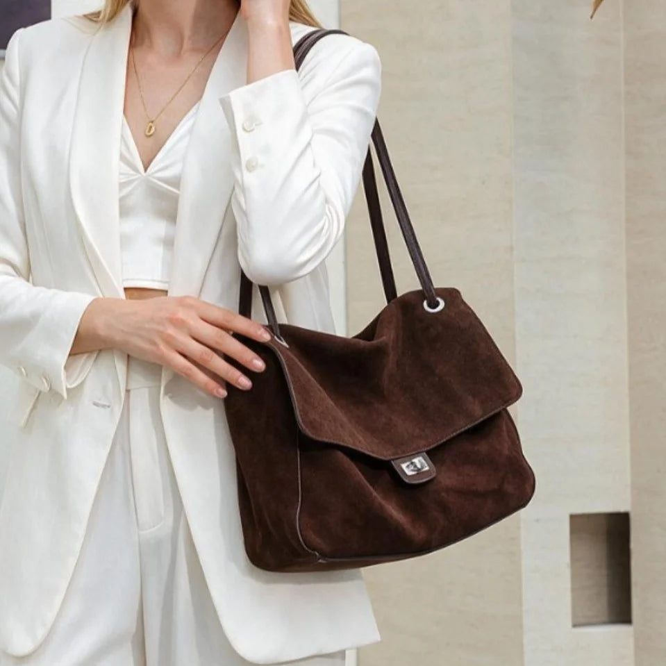 Shoulder Tote Bag Suede Adjustable Strap Turn-Lock Closure