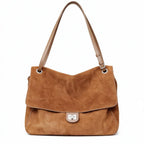 Shoulder Tote Bag Suede Adjustable Strap Turn-Lock Closure