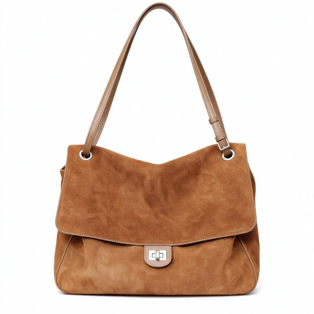 Shoulder Tote Bag Suede Adjustable Strap Turn-Lock Closure