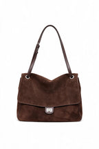 Shoulder Tote Bag Suede Adjustable Strap Turn-Lock Closure
