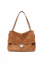 Shoulder Tote Bag Suede Adjustable Strap Turn-Lock Closure