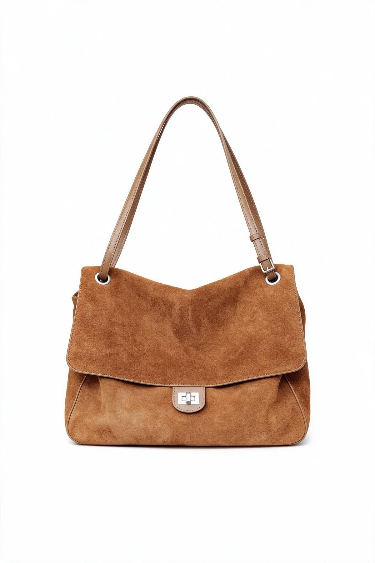 Shoulder Tote Bag Suede Adjustable Strap Turn-Lock Closure