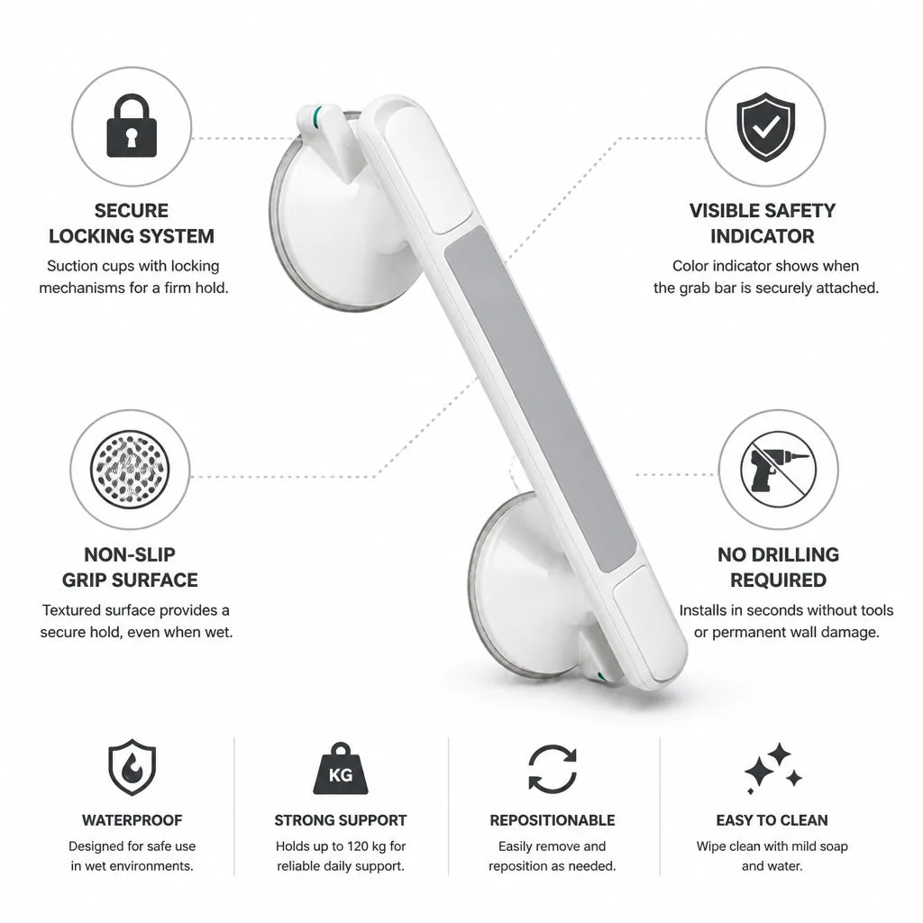 Shower Grab Bar Suction Mount Locking Indicator Non-Slip Grip