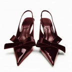 Slingback Heels Pointed Toe Stiletto Glossy Bow Detail