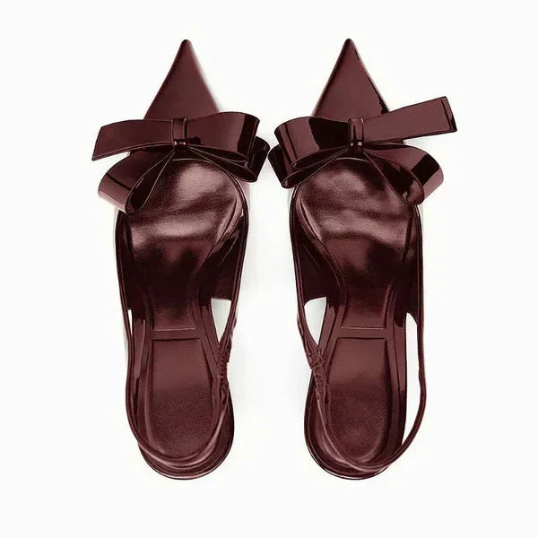 Slingback Heels Pointed Toe Stiletto Glossy Bow Detail