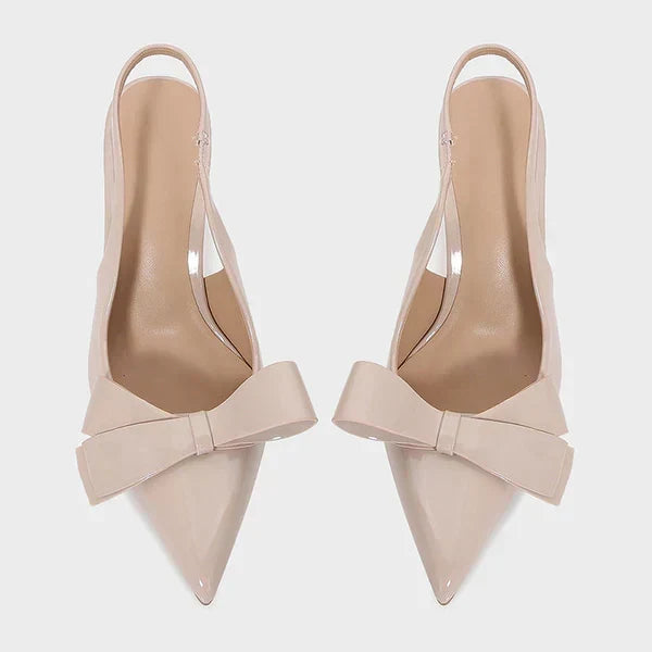 Slingback Heels Pointed Toe Stiletto Glossy Bow Detail