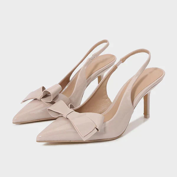 Slingback Heels Pointed Toe Stiletto Glossy Bow Detail