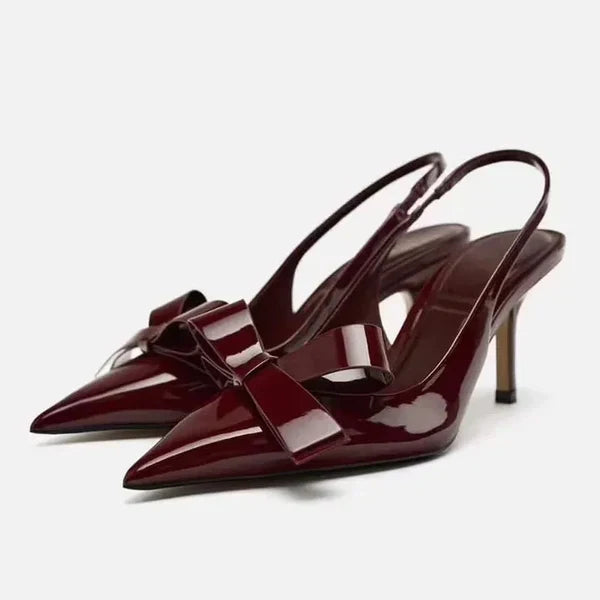 Slingback Heels Pointed Toe Stiletto Glossy Bow Detail