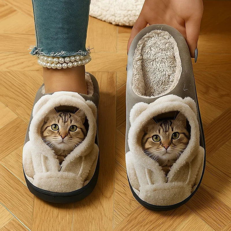 Slippers 3D Cat Face Faux Fur Lined Non-Slip