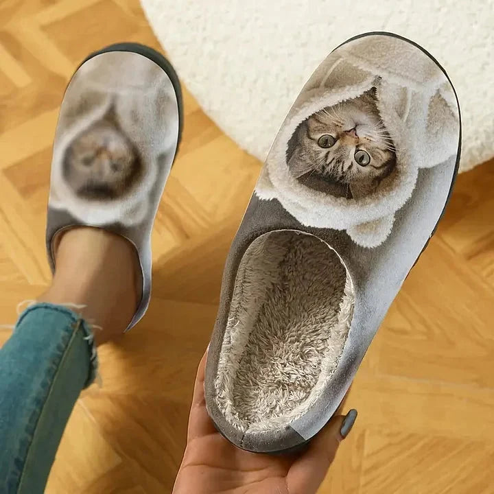 Slippers 3D Cat Face Faux Fur Lined Non-Slip