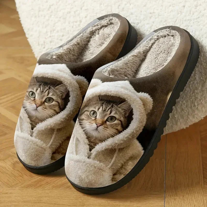 Slippers 3D Cat Face Faux Fur Lined Non-Slip