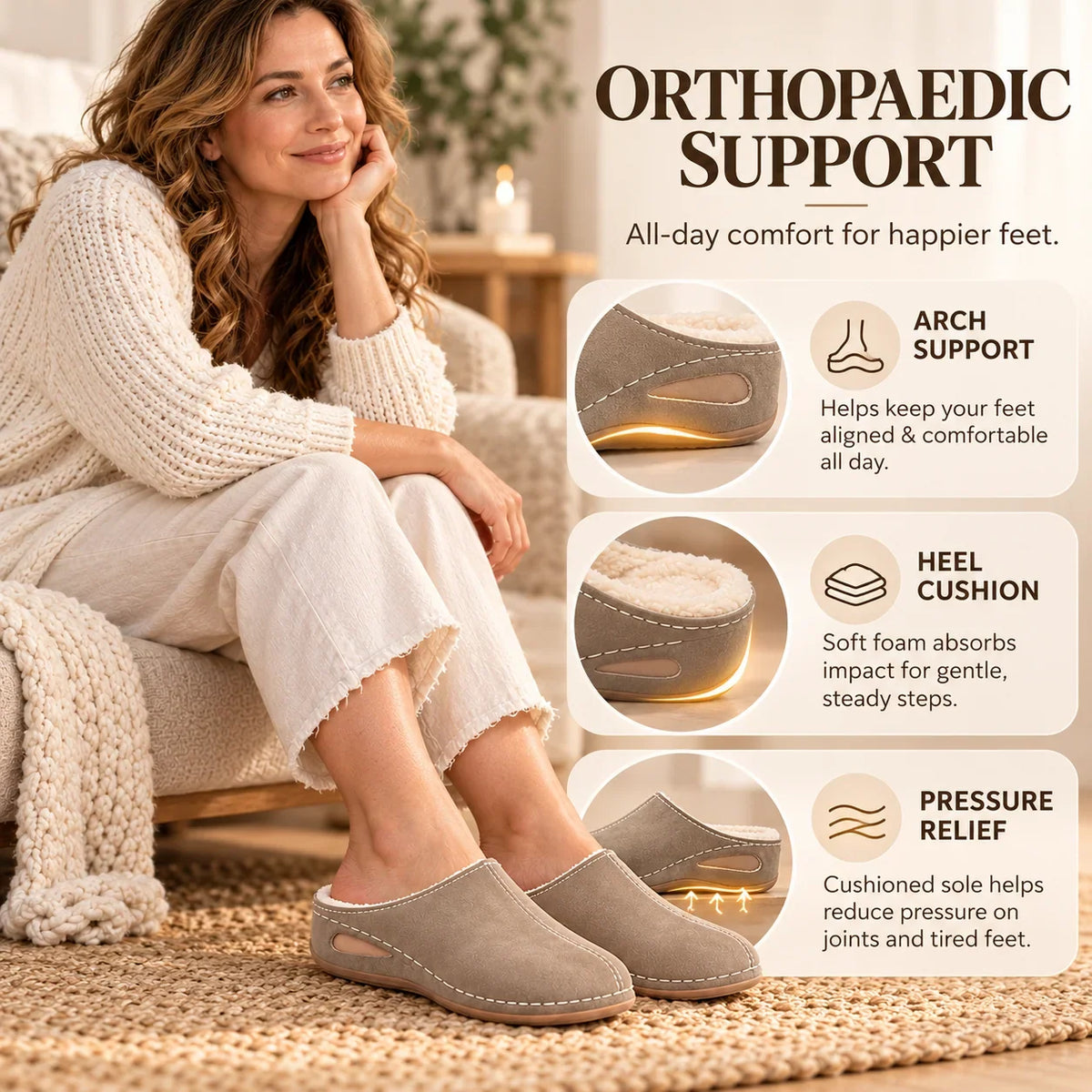 Slippers Plush-Lined Arch Support Cushioned Sole