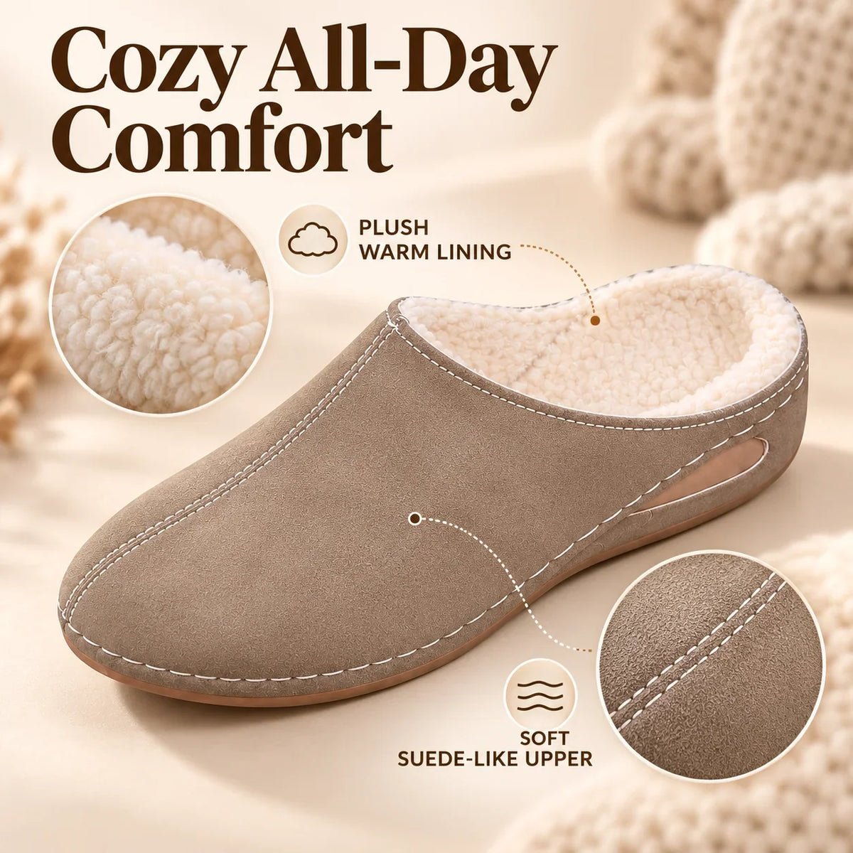 Slippers Plush-Lined Arch Support Cushioned Sole