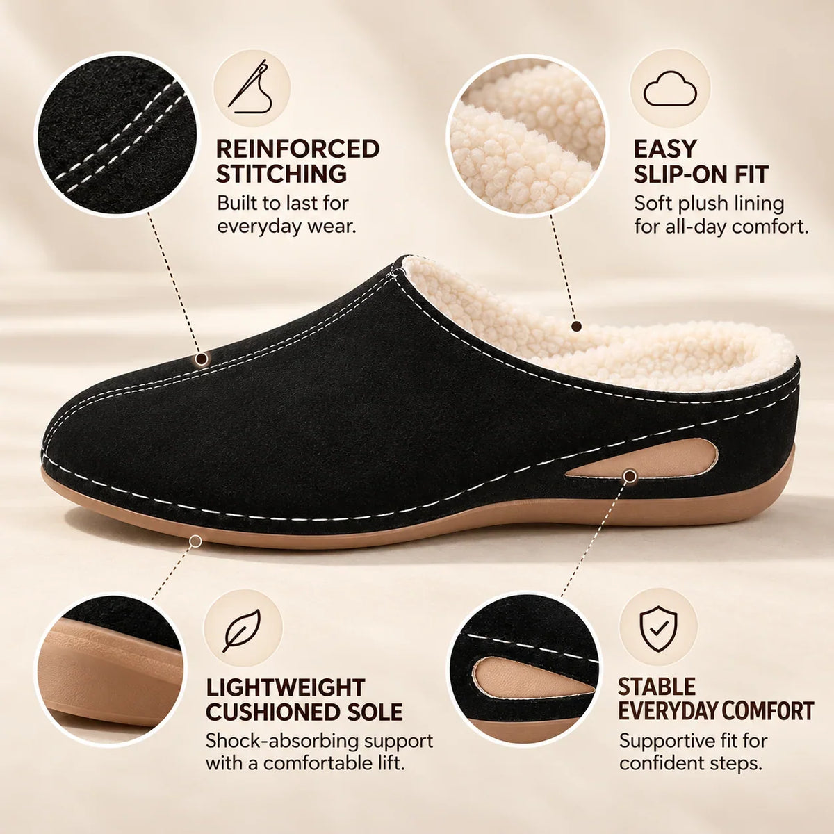Slippers Plush-Lined Arch Support Cushioned Sole