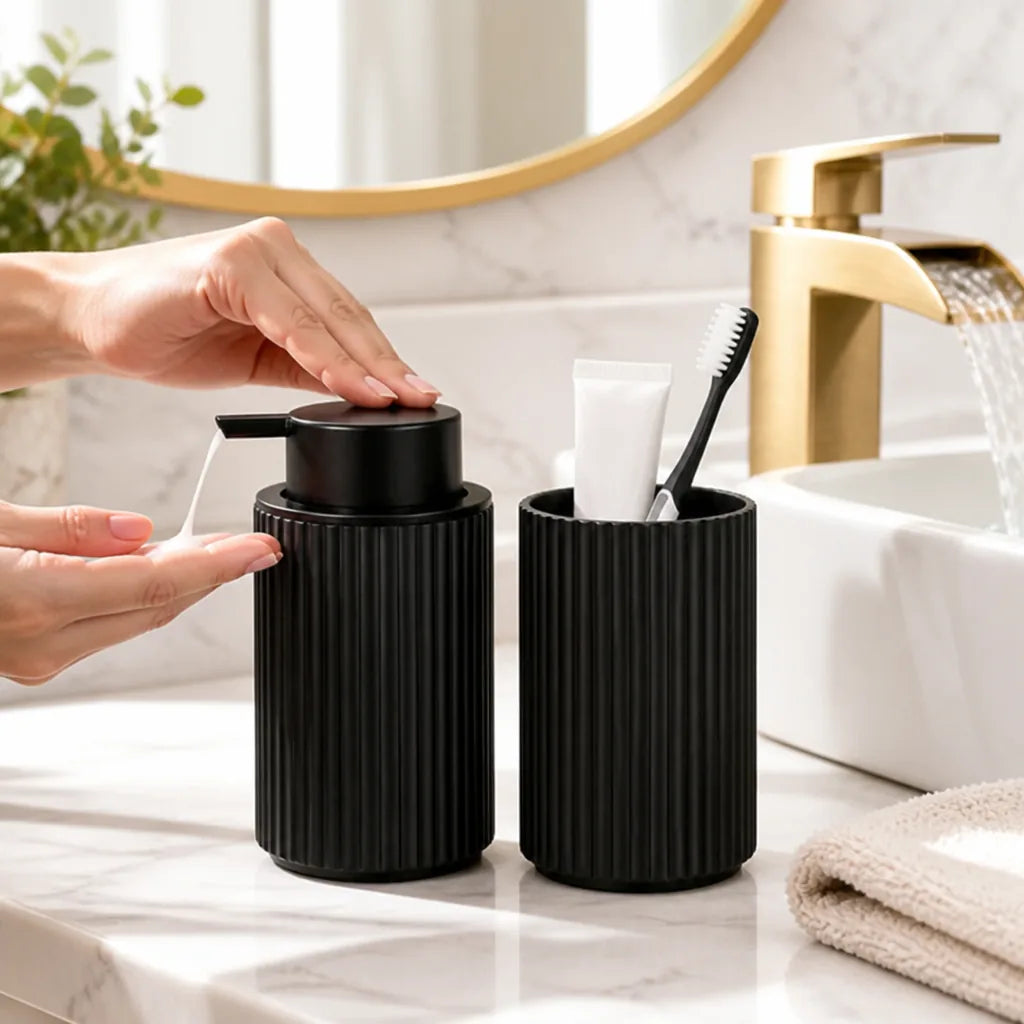 Soap Dispenser & Tumbler Set Ribbed Matte BPA-Free