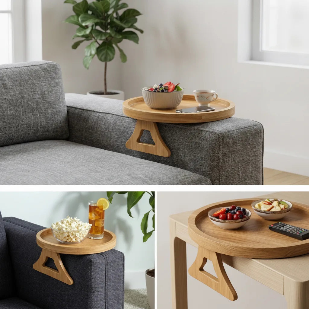 Sofa Armrest Tray Foldable Solid Wood & Non-Slip