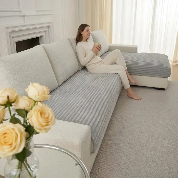 Sofa Cover Ribbed Plush Non-Slip Seat & Backrest Set