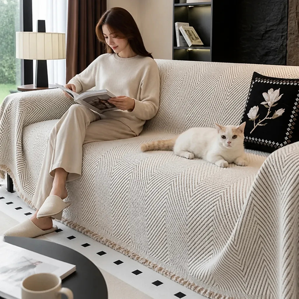 Sofa Slipcover Herringbone Microfiber Blend & Anti-Slip