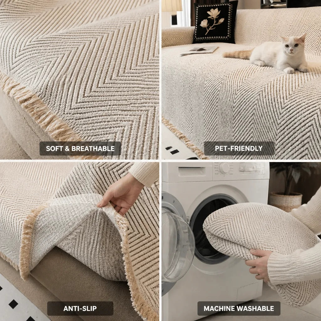 Sofa Slipcover Herringbone Microfiber Blend & Anti-Slip