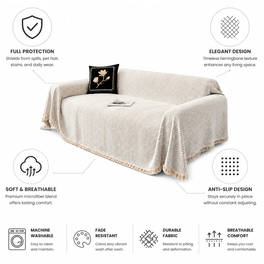 Sofa Slipcover Herringbone Microfiber Blend & Anti-Slip