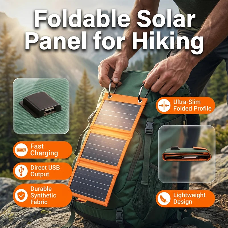 Solar Charger Foldable Ultralight USB Ports & Carabiner Mount