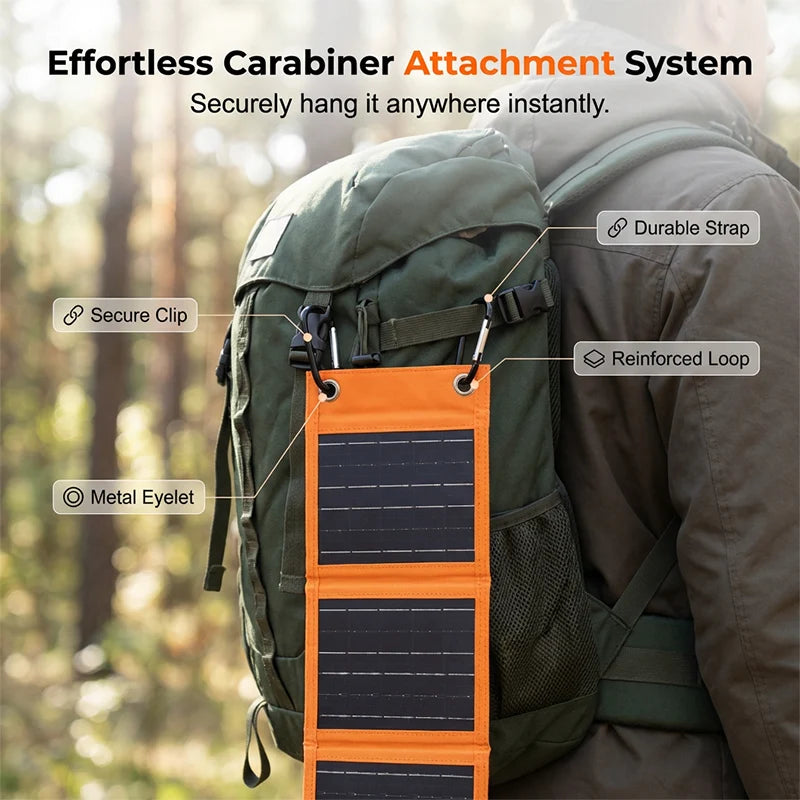 Solar Charger Foldable Ultralight USB Ports & Carabiner Mount