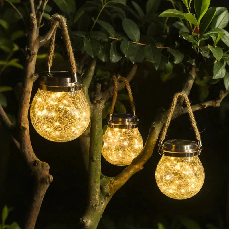 Solar Garden Lantern Crackle Glass Twilight Sensor